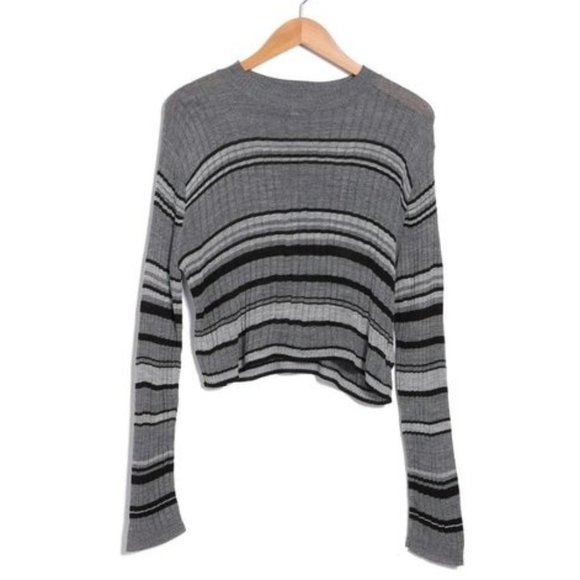 ABOUND Ribbed Cropped Sweater in Black / Grey Stripe NWT - Picture 2 of 2